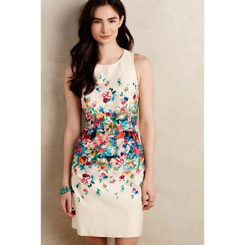 Maeve Anthropologie Tea Garden Sleeveless Sheath Dress Vibrant Floral Print Sz 8